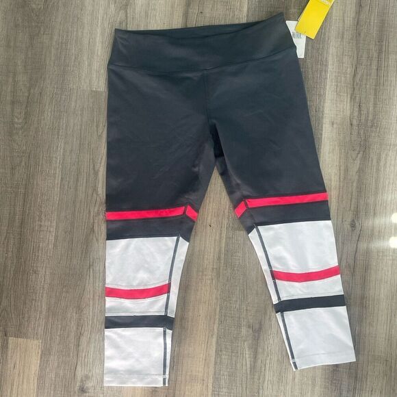 Zella Fierce Gym Crop Legging Size Medium Steel Gray White Color Block Stripes - Picture 2 of 4